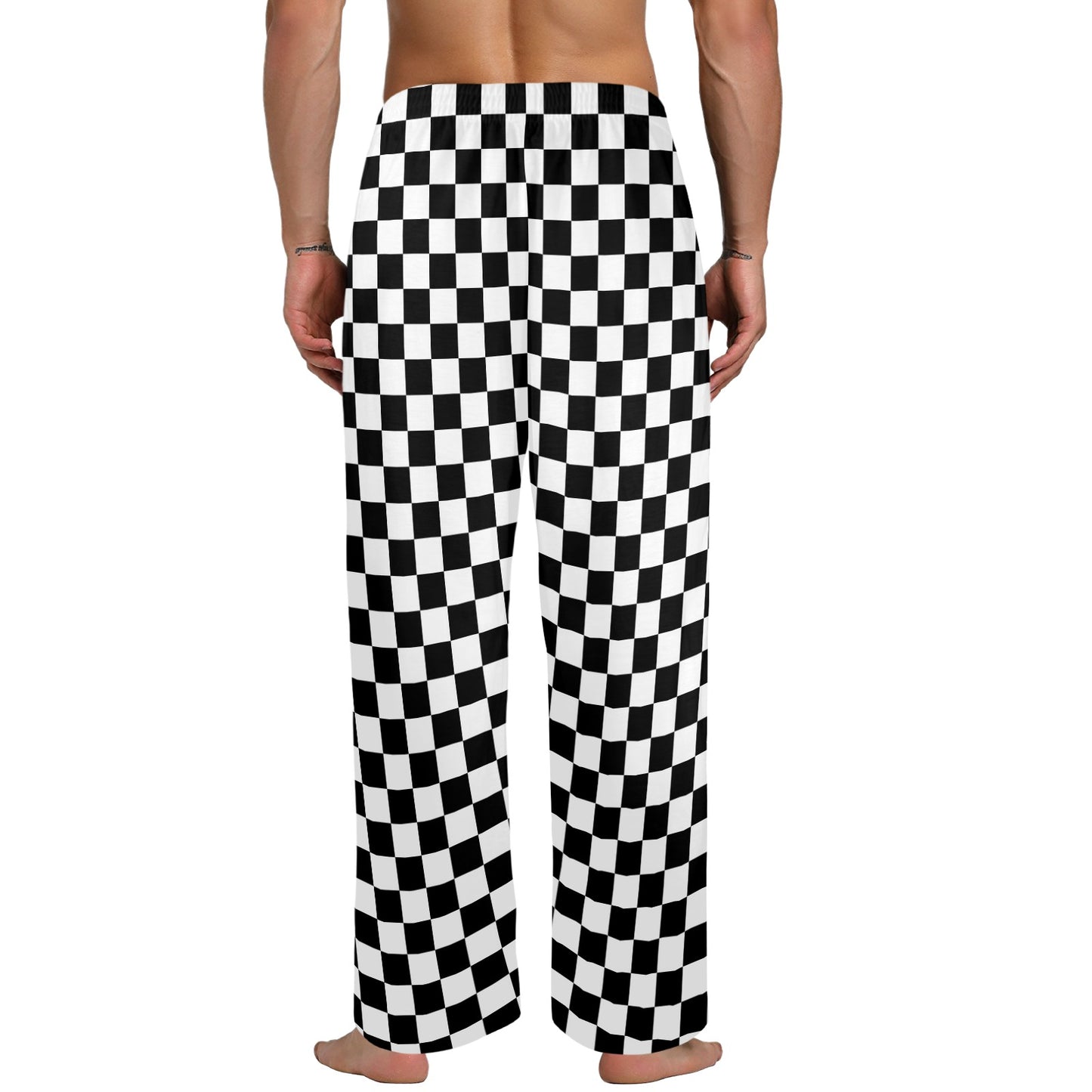 Checkered Men Pajamas Pants, Black White Check Checkerboard Satin PJ Sleep Trousers Couples Matching Trousers Bottoms