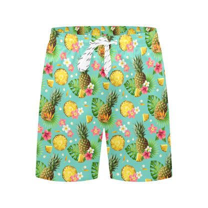 Pineapple Men Swim Trunks, Tropical Plants Green Mid Length Shorts Beach Surf Wear Front Back Pockets Mesh Lining Drawstring Bathing Suit
