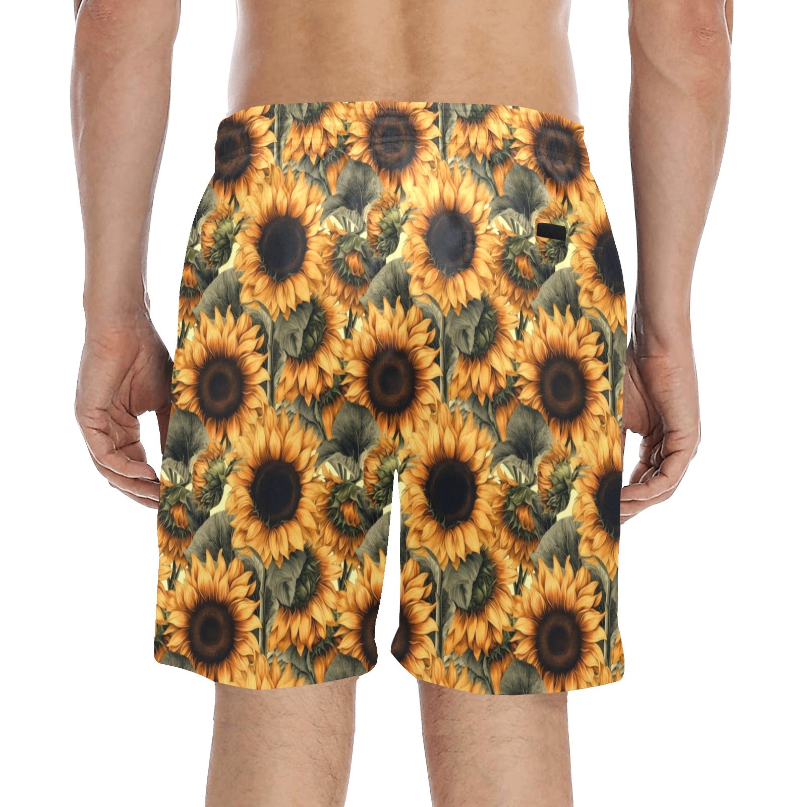 Sunflower Men Swim Trunks, Floral Yellow Flowers Mid Length Shorts Beach Front Back Pockets Mesh Linen Drawstring Bathing Suit Plus Size Starcove Fashion