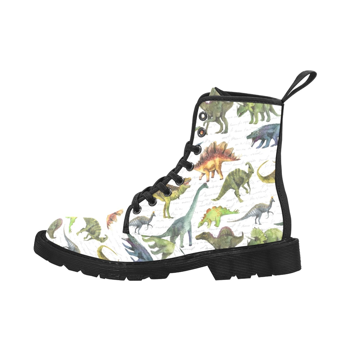 Dinosaur Women Boots, Cute Dino Pattern Vegan Canvas Lace Up Festival Shoes Fashion Print Ankle Combat Handcrafted Casual Custom Gift Starcove Fashion