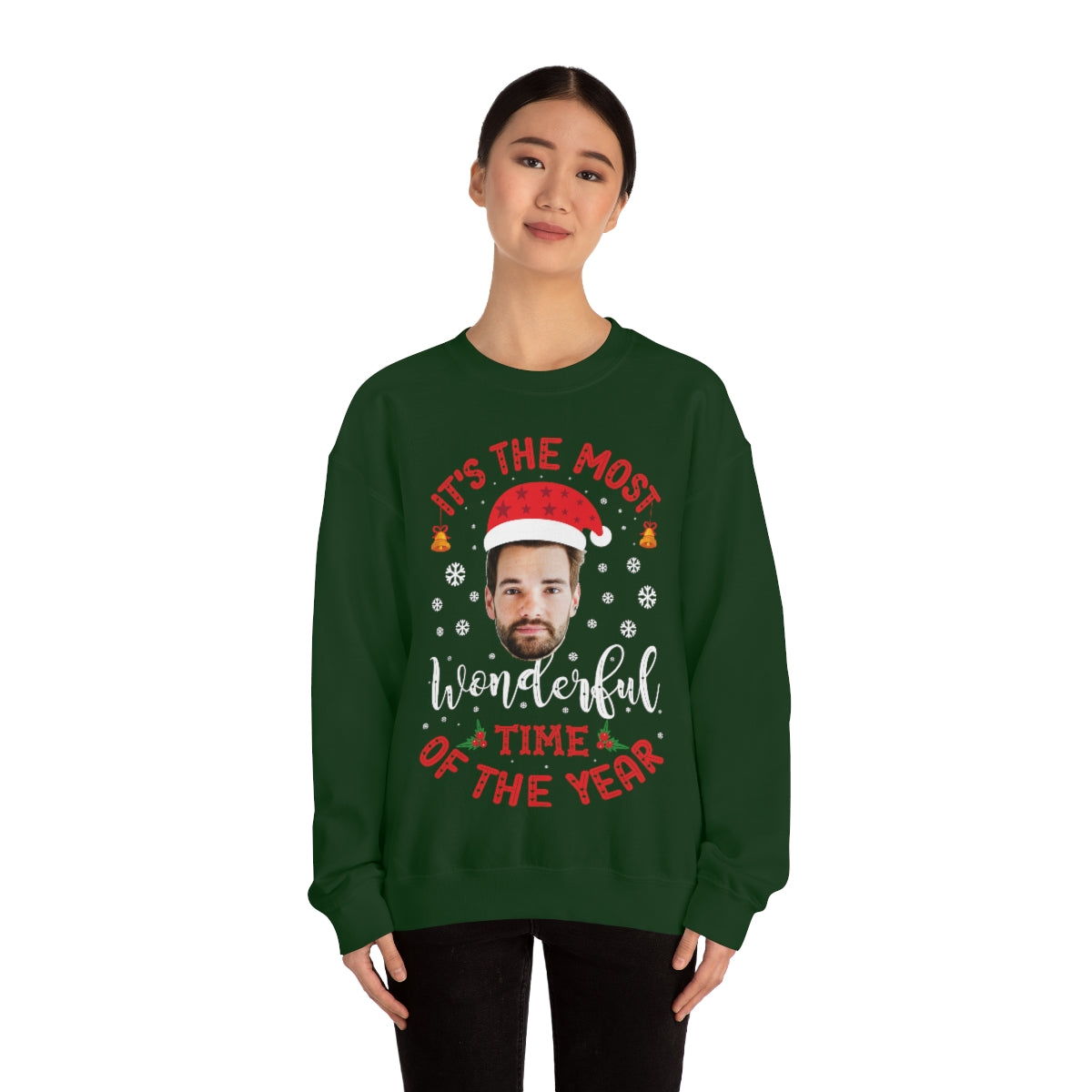Custom Face Ugly Christmas Sweater, Photo Santa Hat Most Wonderful Time Xmas Women Men Funny Party Holiday Sweatshirt Starcove Fashion