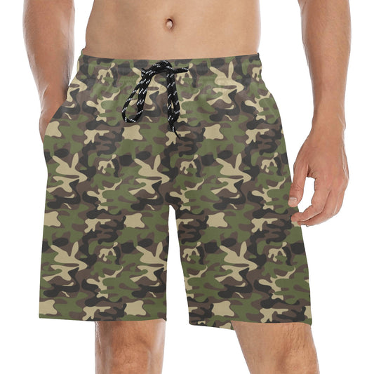 Camo Men Swim Trunks, Mid Length Shorts Green Camouflage Beach Pockets Mesh Lining Drawstring Bathing Suit Plus Size Swimwear Designer