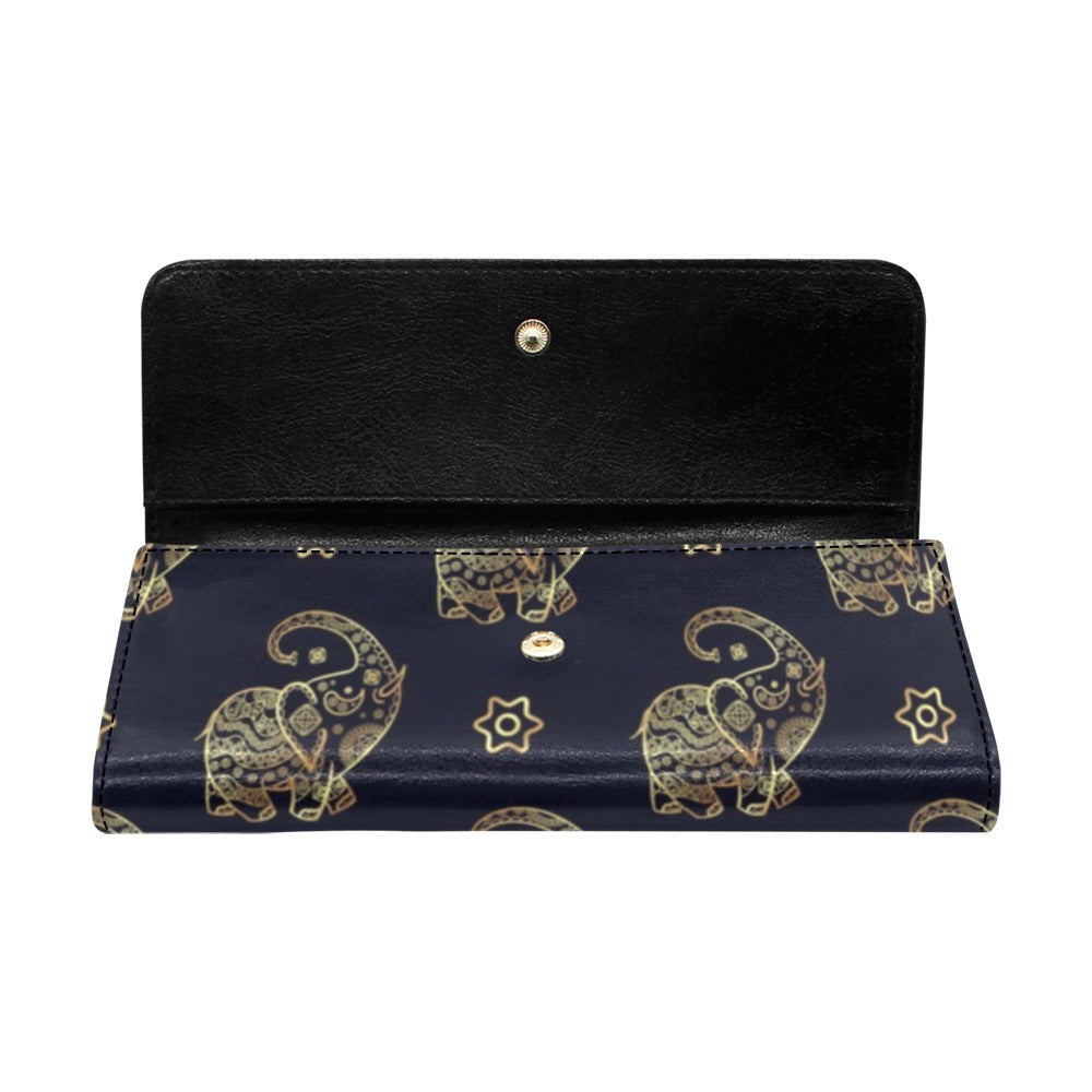 Elephant Women Trifold Wallet, Animal Boho Faux Leather Three Fold Long Clutch Credit Cards Large Pockets Ladies Designer