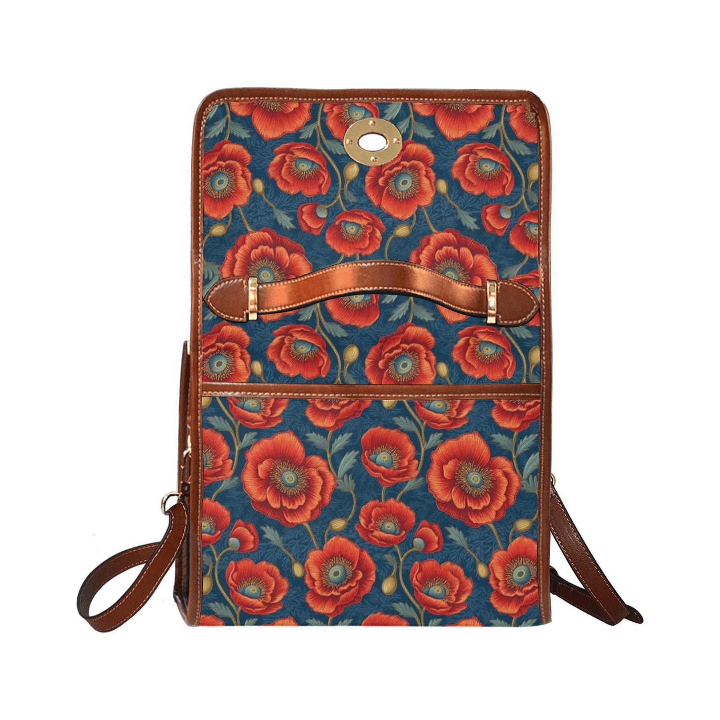California Poppy Canvas Satchel Purse bag, Red Flowers Floral Waterproof Small Brown Cute Women Crossed Body Vegan Leather Strap Handbag