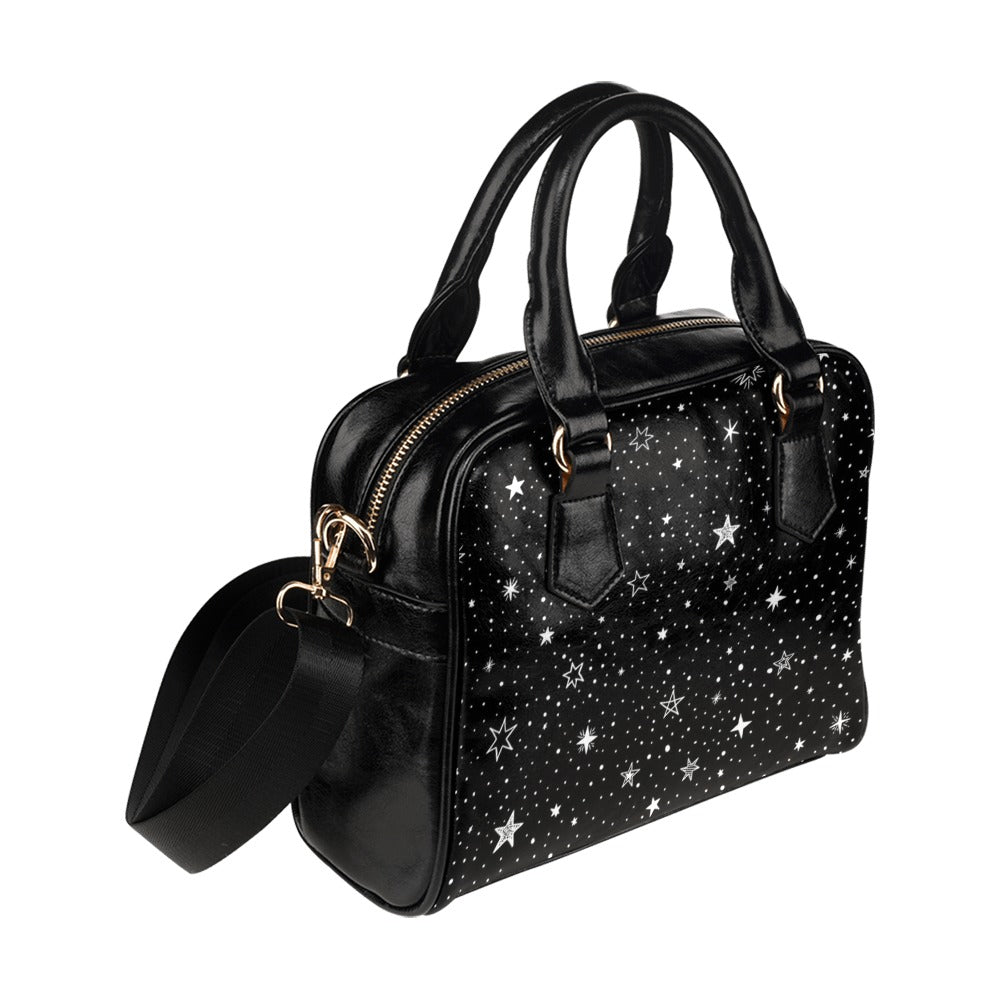 Stars Purse, Space Black White Pattern Cute Small Crossbody Shoulder Constellation Zip Bag Vegan Leather Women Designer Handbag Ladies Starcove Fashion