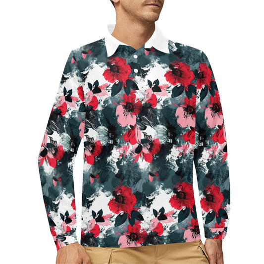 Floral Men Long Sleeve Polo Shirt, Red Green White Flowers Brush Vintage Designer Full Button Up Collared Golf Casual Tshirt Guys Top