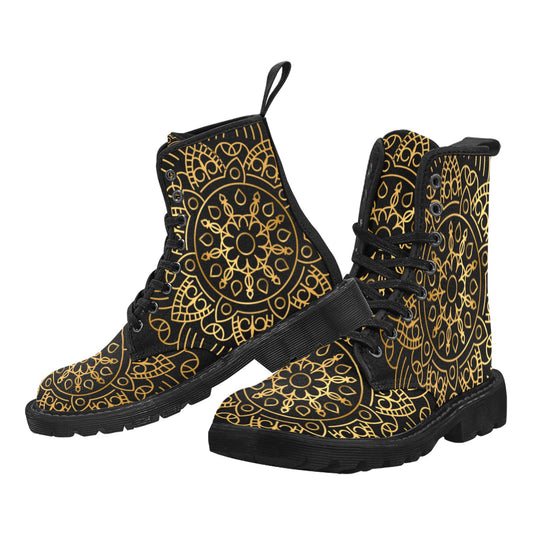 Gold Mandala Women's Boots, Bohemian Boho Vegan Canvas Lace Up Ladies Shoes Festival Geometric Goth Print Black Ankle Combat Casual Custom