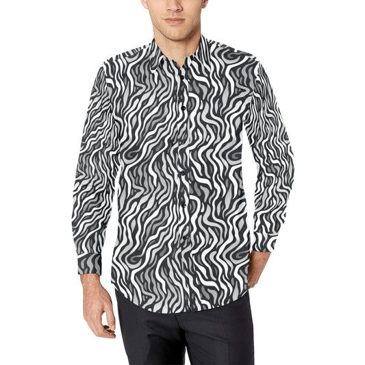 Black White Men Button Up Shirt, Grey Abstract Animal Print Art Guys Male Long Sleeve Buttoned Collar Casual Dress Shirt with Chest Pocket
