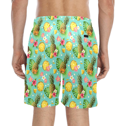 Pineapple Men Swim Trunks, Tropical Plants Green Mid Length Shorts Beach Surf Wear Front Back Pockets Mesh Lining Drawstring Bathing Suit