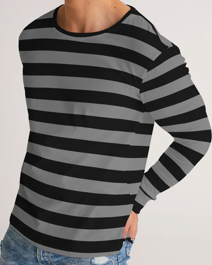 Black Grey Striped Men Long Sleeve Tshirt, Wide Stripes Unisex Women Designer Graphic Aesthetic Crew Neck Tee
