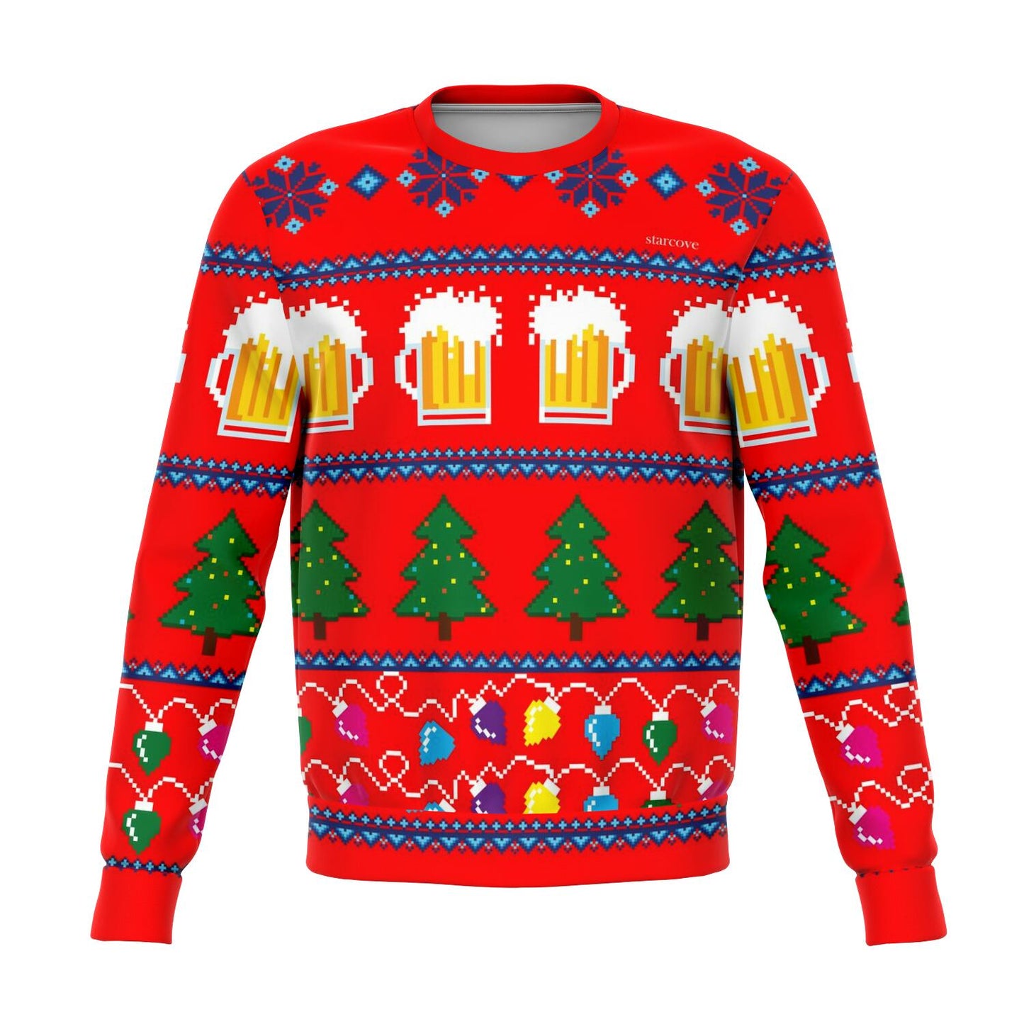 Ugly Christmas Sweater, Party Funny Men Women Lights Beer Stein glass Drinking Bar Tree Xmas Holiday Snowflakes Red Sweatshirt Top Starcove Fashion