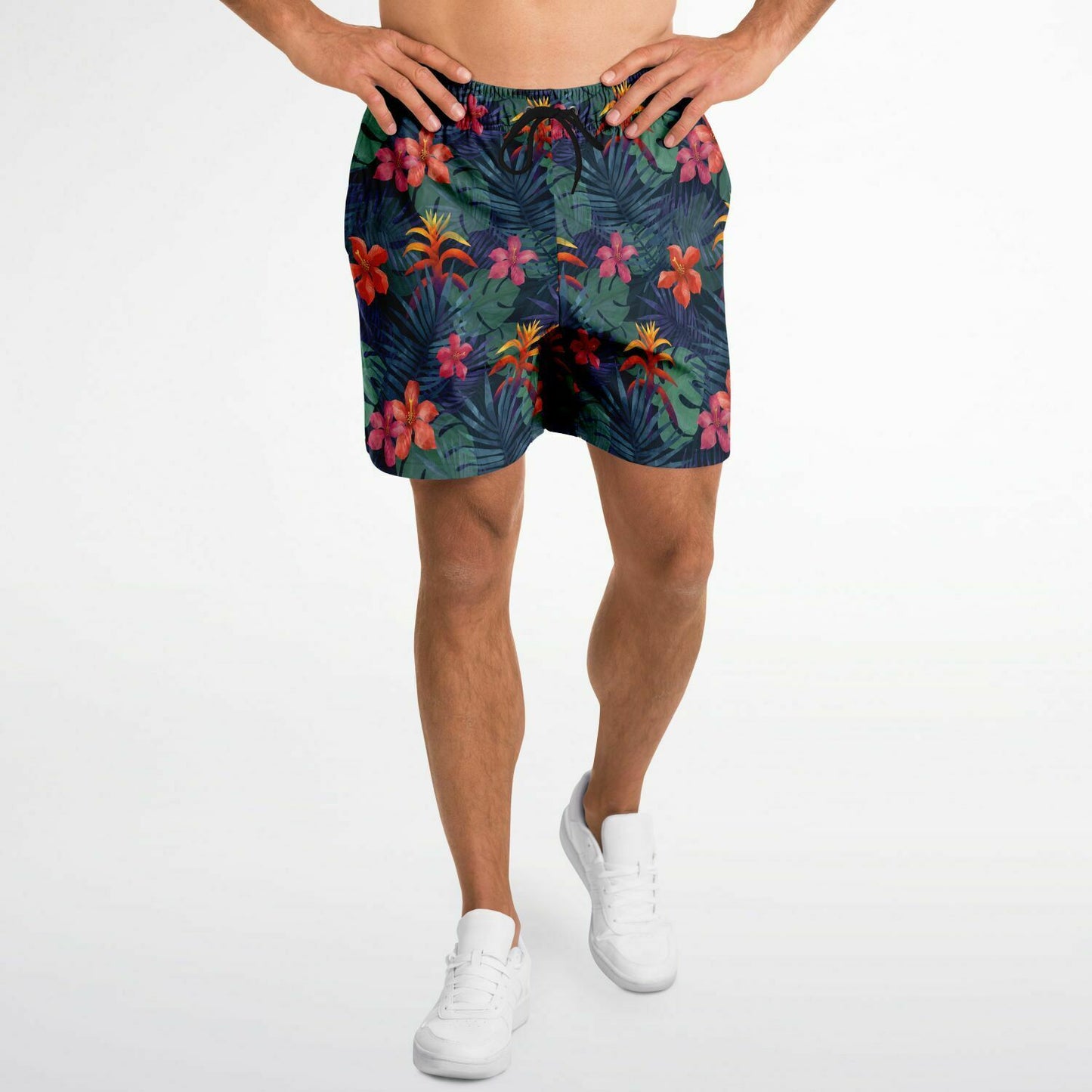 Tropical Men Mid Length Shorts, Jungle Flowers Green Leaves Beach Casual with Pockets Drawstring Casual Designer Plus Size Summer Shorts