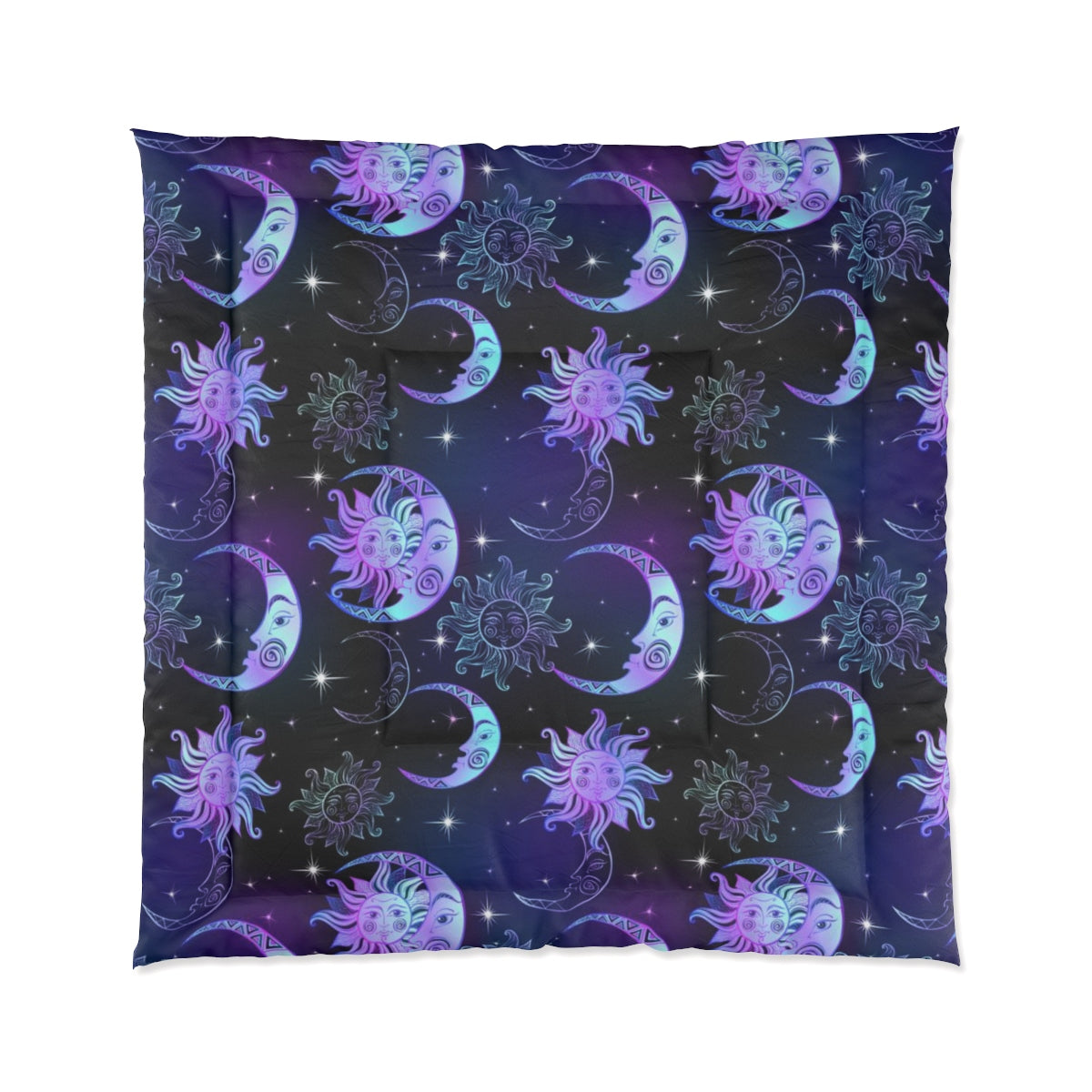 Sun Moon Stars Bed Comforter, Purple Night Time, Crescent Moon Celestial Art Astrology Night Sky King Queen Twin Single Bedding Bedroom Starcove Fashion