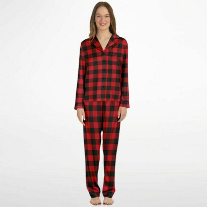 Buffalo Plaid Satin Women Pajama Set, Red Black Check Christmas Long Sleeve Pants Shirt Top Soft Designer PJs Starcove Fashion