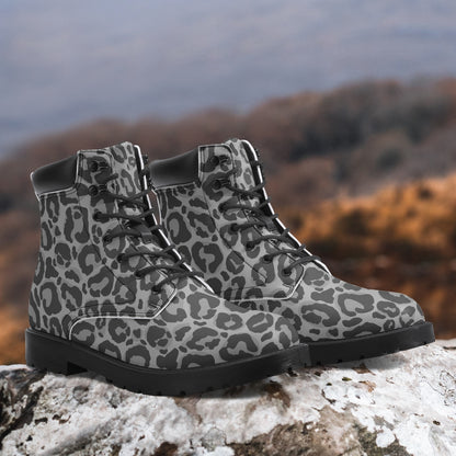 Grey Leopard Leather Boots, Animal Print Lace Up Shoes Waterproof Hiking Festival Black Ankle Combat Work Winter Casual Custom Gift Starcove Fashion