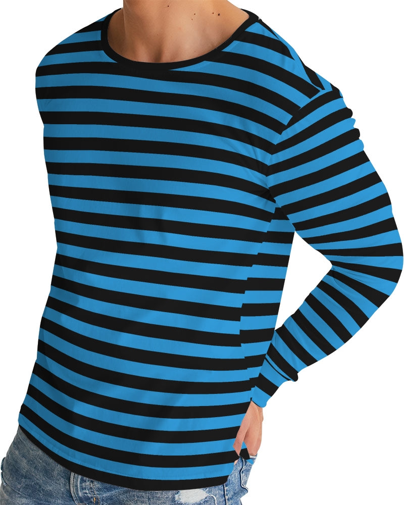 Blue Black Stripes Men Long Sleeve Tshirt, Striped Unisex Women Designer Graphic Aesthetic Crew Neck Tee Starcove Fashion