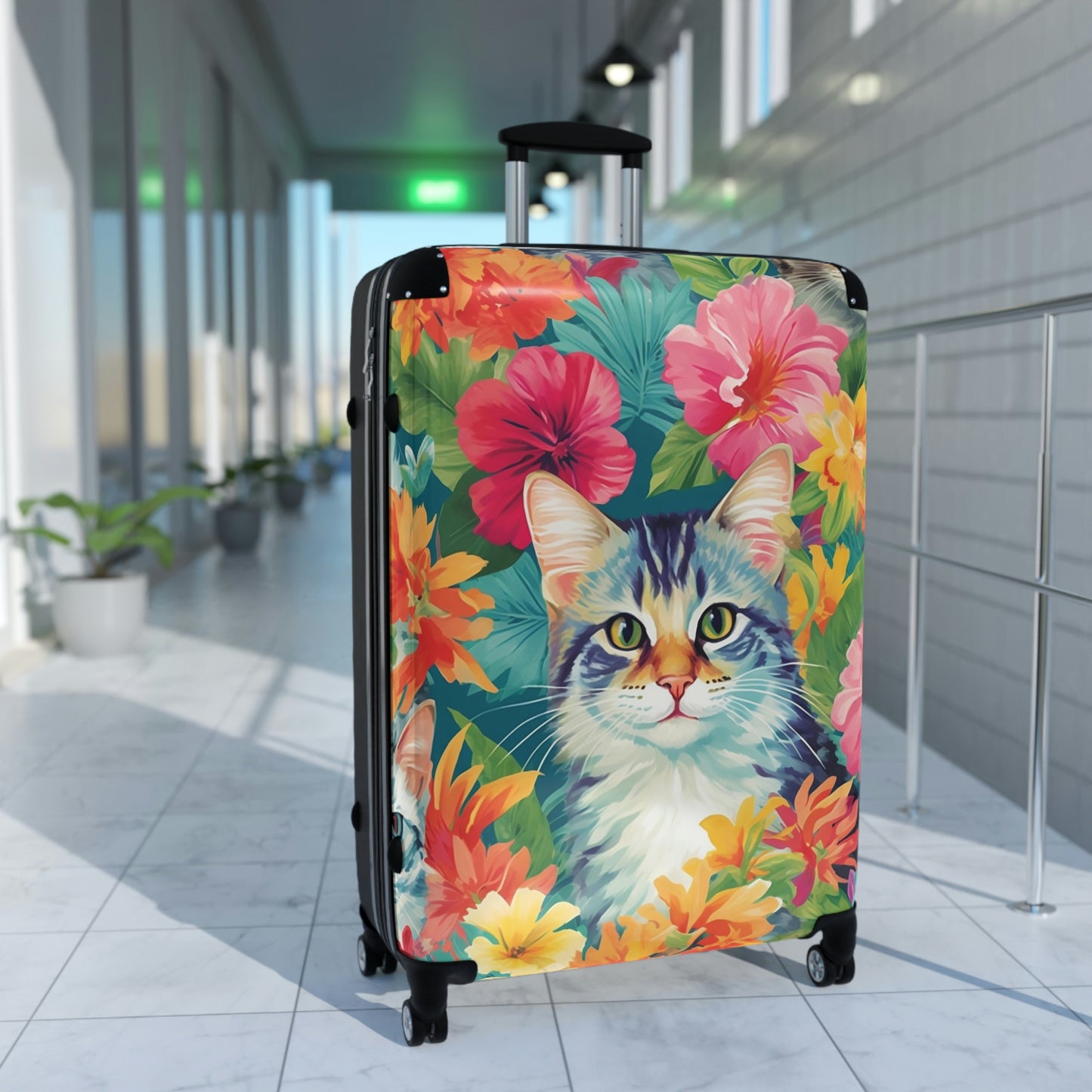 Cat Suitcase Luggage, Tropical Flowers Cute Carry On 4 Wheels Cabin Travel Small Large Set Rolling Spinner Designer Hard Shell Case Starcove Fashion