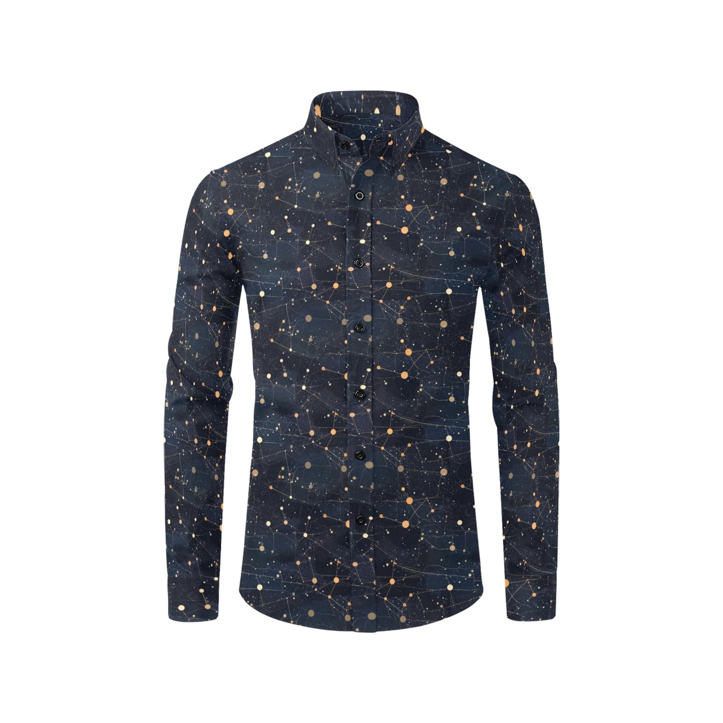 Constellation Space Long Sleeve Men Button Up Shirt, Universe Stars Print Dress Buttoned Collared Casual Dress Shirt with Chest Pocket