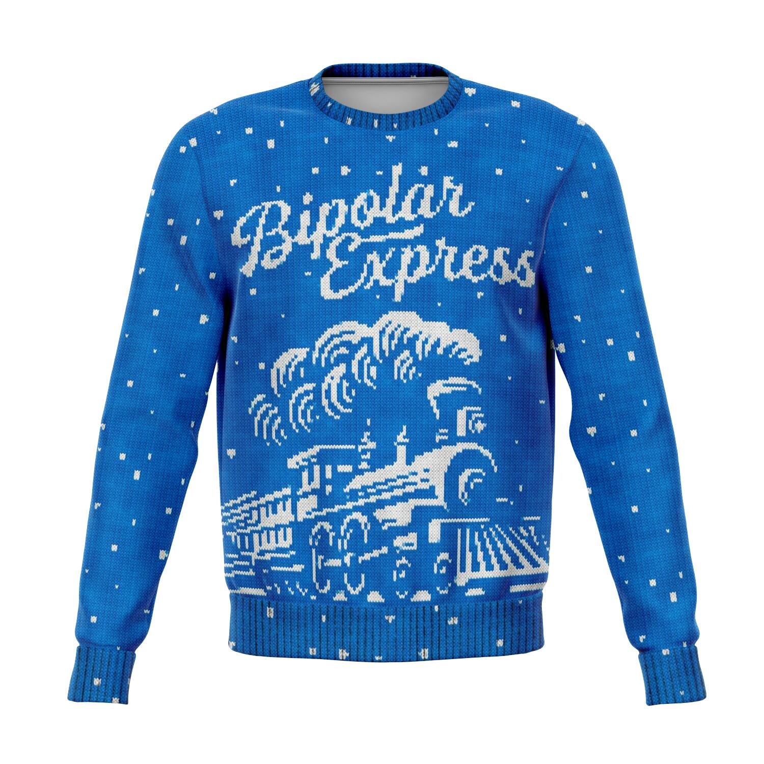 Bipolar Express Ugly Christmas Sweater, Snow Train Blue Funny Print Party Sweatshirt Holiday Winter Xmas Men Women Christmas Gift Plus Size Starcove Fashion