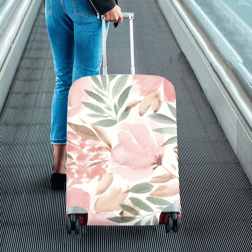 Pink Flowers Luggage Cover, Watercolor Cute Floral Print Suitcase Bag Washable Small Large Carry On Protector Wrap Travel Gift