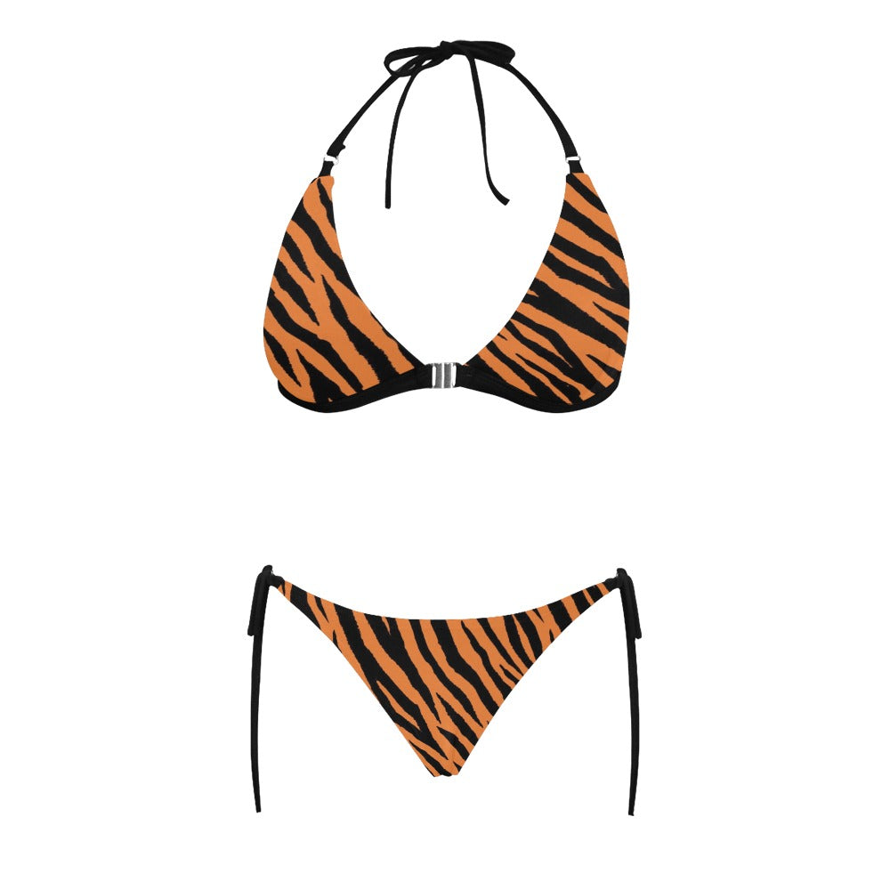 Tiger Print High Waisted Bikini Set, Animal Stripe High Waist Bottom Women Bathing Suit Triangle Padded Halter Plus Size Ladies Swimsuit