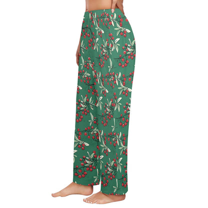Mistletoe Women Pajamas Pants, Green Berries Christmas Xmas Satin PJ Funny Pockets Trousers Couples Matching Ladies Trousers Bottoms