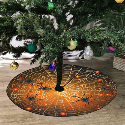 Spiderweb Halloween Tree Skirt, Black Orange Goth Spiders Christmas Stand Base Cover Decor Decoration All Hallows Eve Creepy Spooky Party