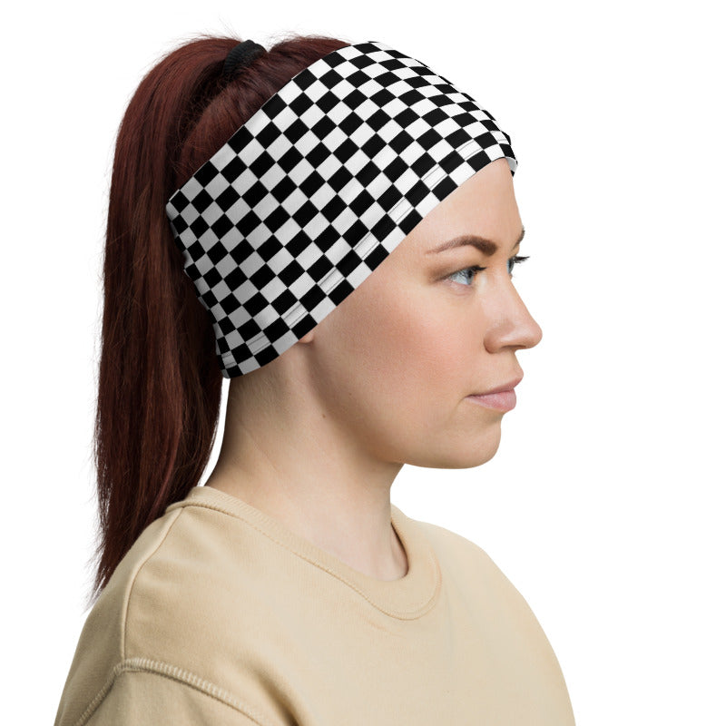 Black White Check Face Mask Neck Gaiter, Checkered Gingham Racing Fabric Cloth Mouth Shield Cover Fashion Half Washable Protection Scarf bandanna Starcove Fashion