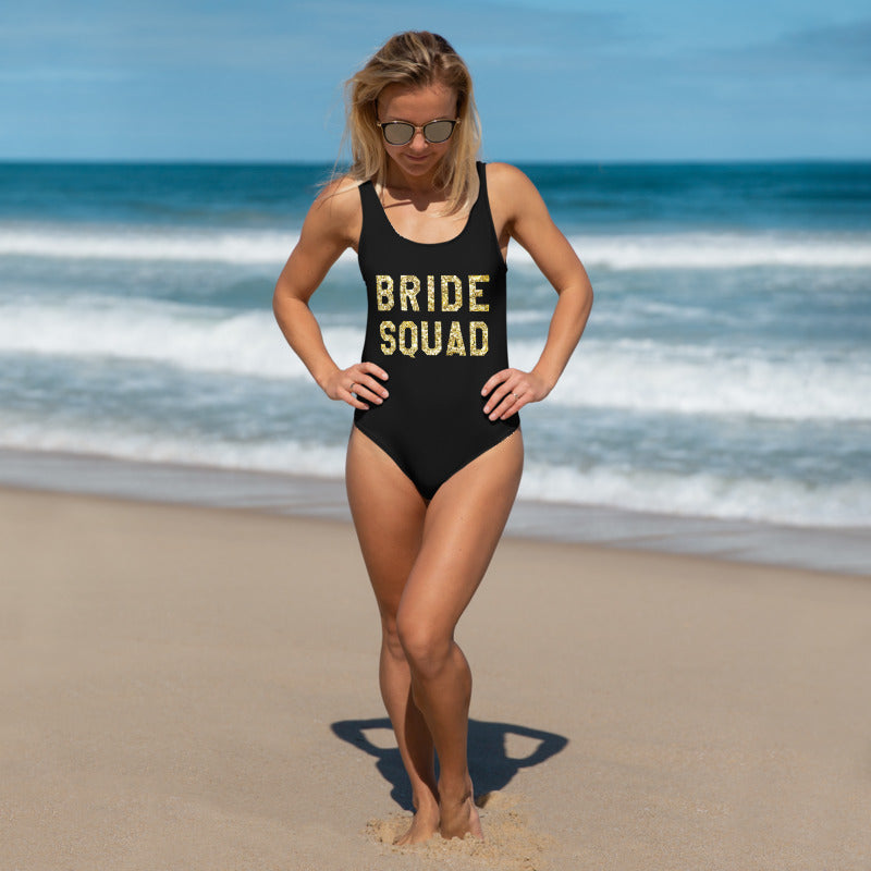 Bride Squad Black Bathing Suit, Bridesmaids Swimsuit Gold Glitter One-Piece Swimsuit Bachelorette Bridal Party Swim Plus Size Women Swimwear Starcove Fashion