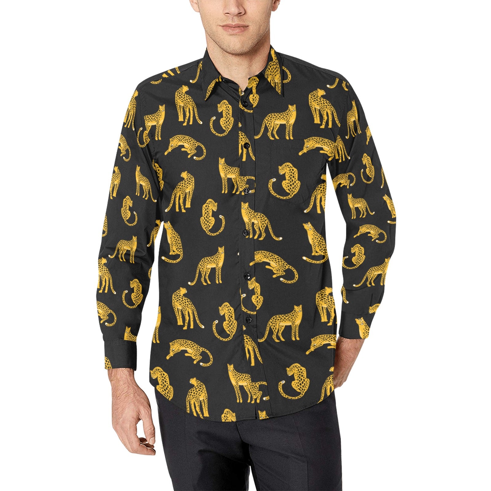 Leopard Men Button Up Shirt, Long Sleeve cheetah Animals Print Black Gold Buttoned Collar Dress Shirt with Chest Pocket L
