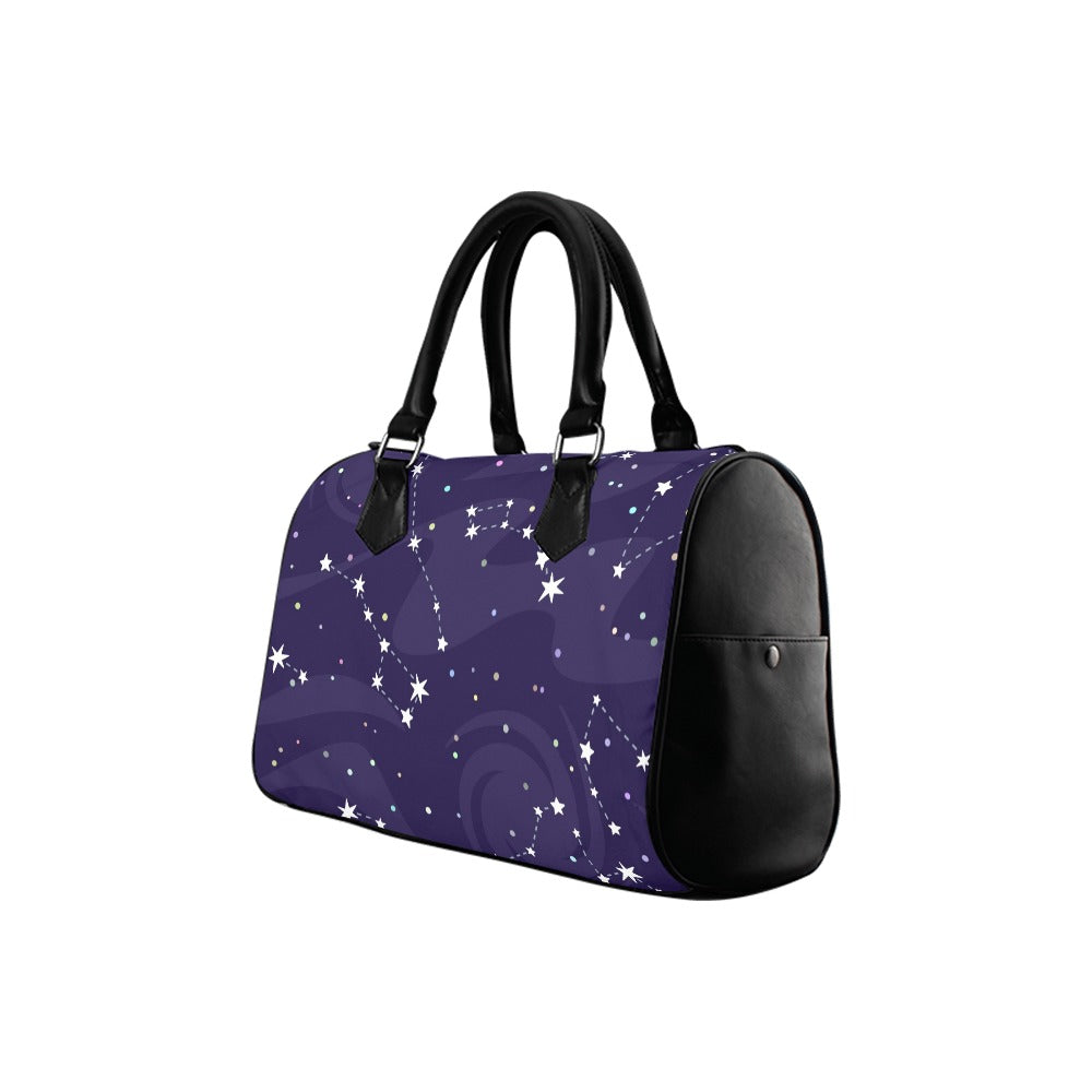 Constellation Space Purse, Celestial Cosmic Stars Art Print Top Handle Handbag Canvas Leather Boston Barrel Type Designer Women Bag Starcove Fashion