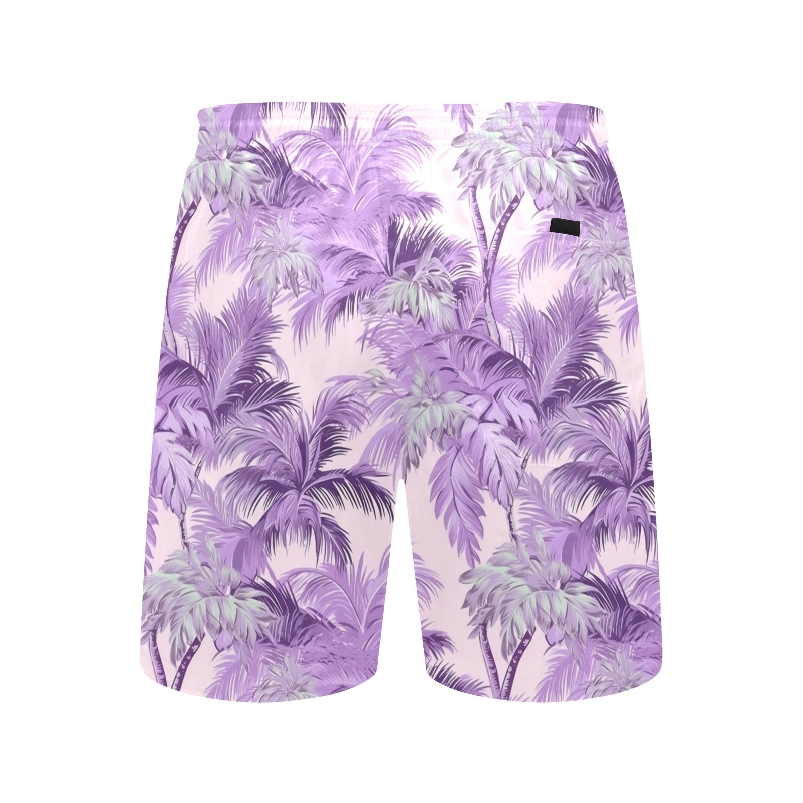 Lavender Men Mid Length Shorts, Palm Tree Lilac Purple Beach Swim Trunks Front Back Pockets Mesh Drawstring Boys Casual Bathing Suit Summer Starcove Fashion