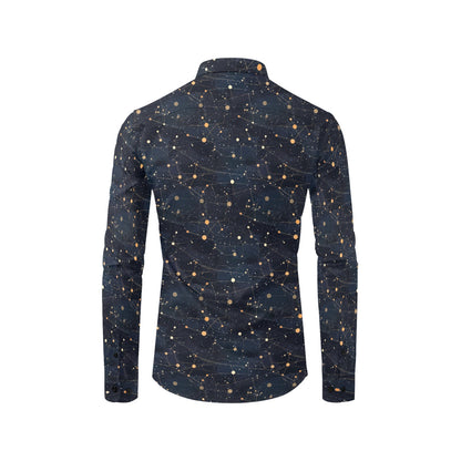 Constellation Space Long Sleeve Men Button Up Shirt, Universe Stars Print Dress Buttoned Collared Casual Dress Shirt with Chest Pocket Starcove Fashion