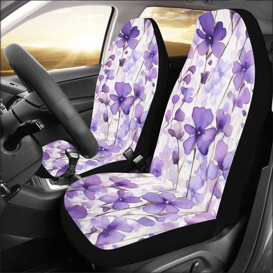 Purple Flower Car Seat Covers for Vehicle 2 pc, Floral Watercolor Cute Front SUV Vans Gift for Her Women Ladies Truck Protector Accessory