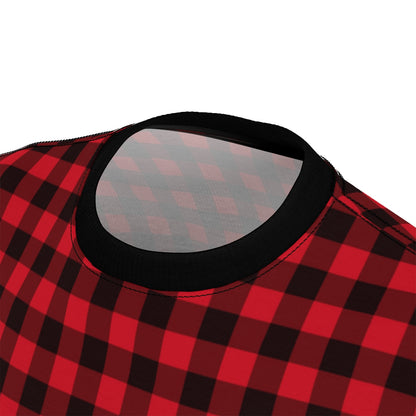 Red Buffalo Plaid Men Tshirt, Black Holiday Party Lumberjack Check Checkered Designer Christmas Crewneck Unisex Shirt Starcove Fashion