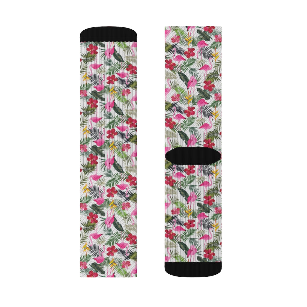 Flamingo Socks, Tropical Leaf 3D Sublimation Pink Women Men Funny Fun Novelty Cool Funky Crazy Casual Cute Crew Gift Starcove Fashion