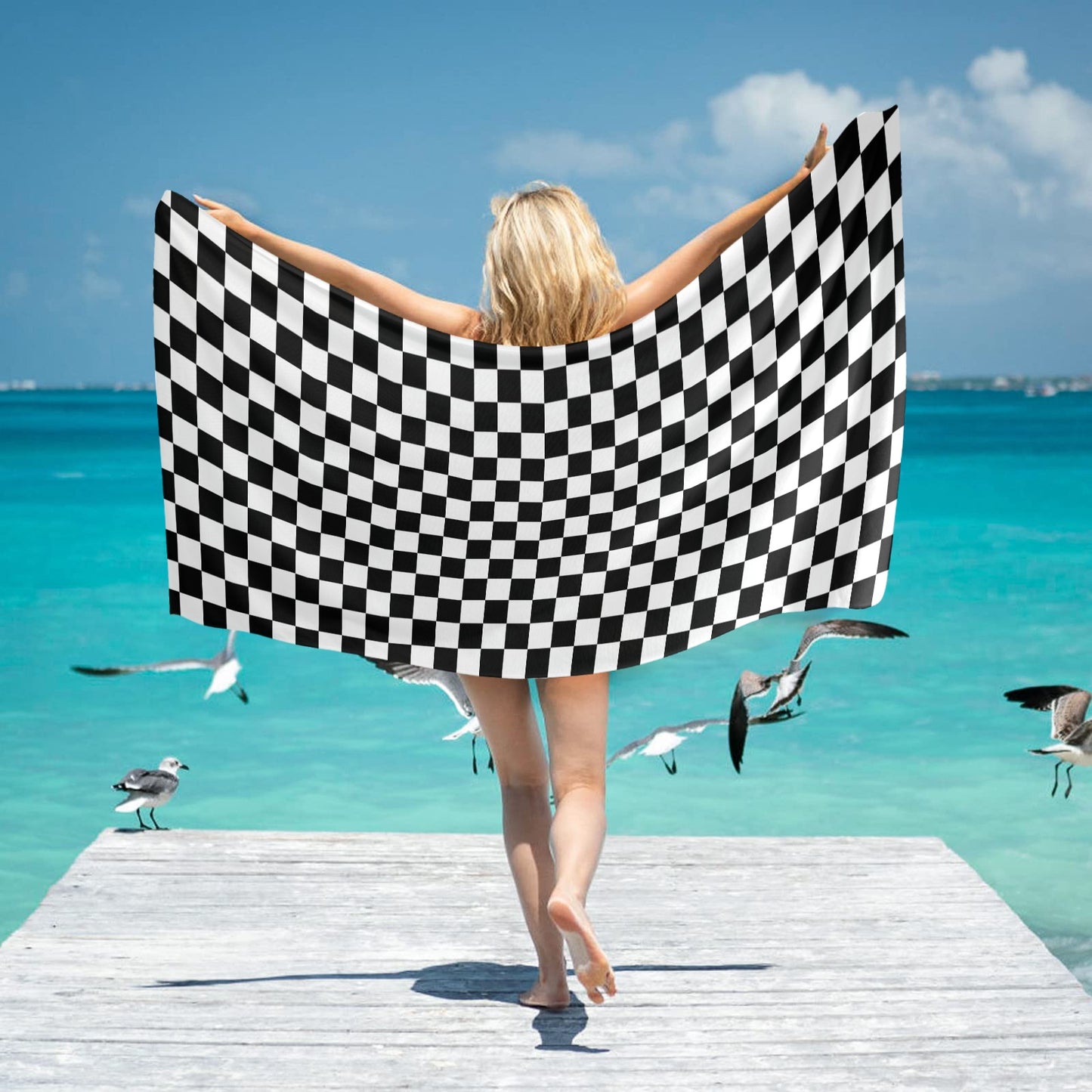 Checkered Oversized Beach Towel, Black White Check Checkerboard Pool Microfiber Large Swim Quick Dry Designer Men Women XL Cotton