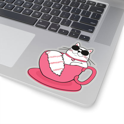 Cat in a Cup Stickers, Sunglasses Happy Pink Red  Laptop Vinyl Cute Waterbottle Tumbler Car Bumper Aesthetic Label Wall Phone Decal Starcove Fashion