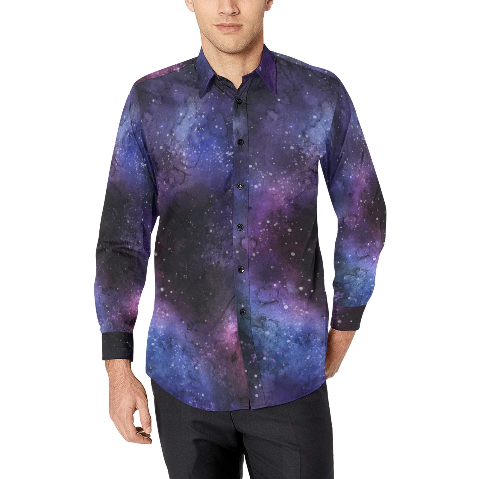 Galaxy Long Sleeve Men Button Up Shirt, Space Nebula Geeky Stars Print Dress Buttoned Collared Casual Dress Shirt with Chest Pocket L