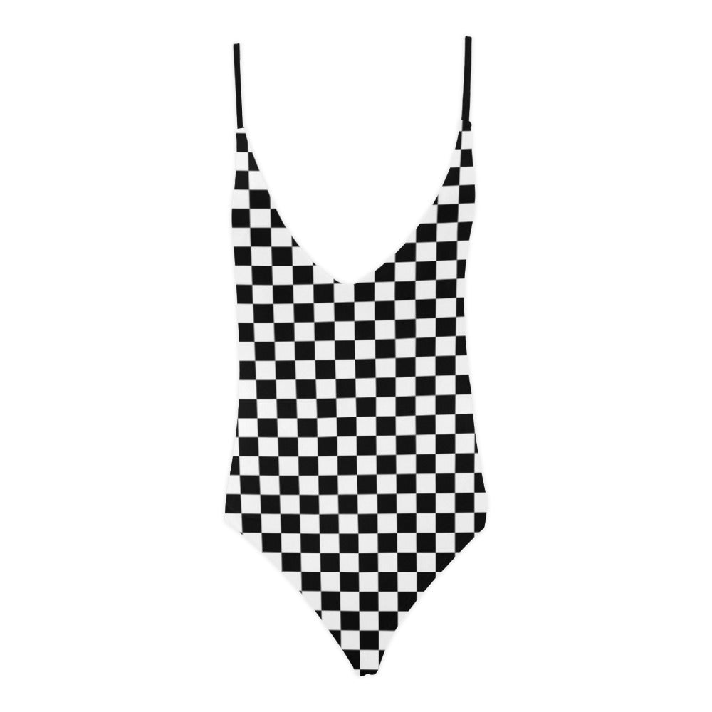 Checkered One Piece Swimsuit for Women, Black White Check Sexy Cheeky Low Back Backless Plunge Lace Cute Designer Swim Bathing Suit Swimwear