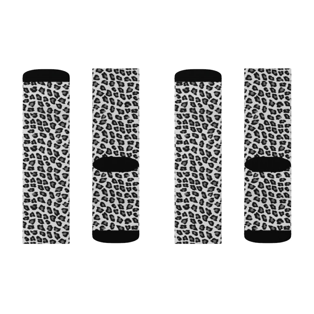 Snow Leopard Print Socks, 3D Sublimation Socks Animal Pattern Black White Women Men Funny Fun Novelty Cool Funky Crazy Casual Unique Gift Starcove Fashion