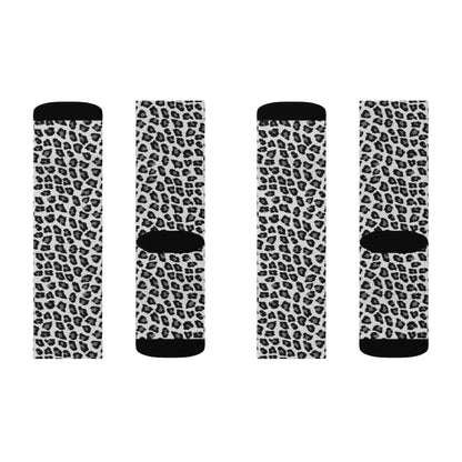 Snow Leopard Print Socks, 3D Sublimation Socks Animal Pattern Black White Women Men Funny Fun Novelty Cool Funky Crazy Casual Unique Gift Starcove Fashion