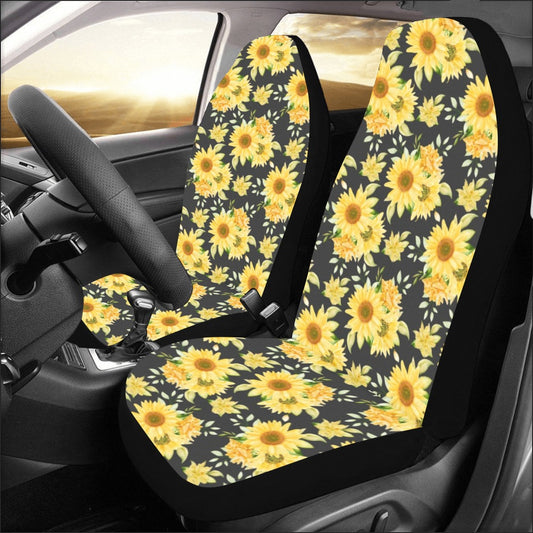 Sunflower Car Seat Covers 2 pc Set, Black Yellow Flowers Universal Front Seat Floral Car SUV Vans Seat Protector Accessory Women