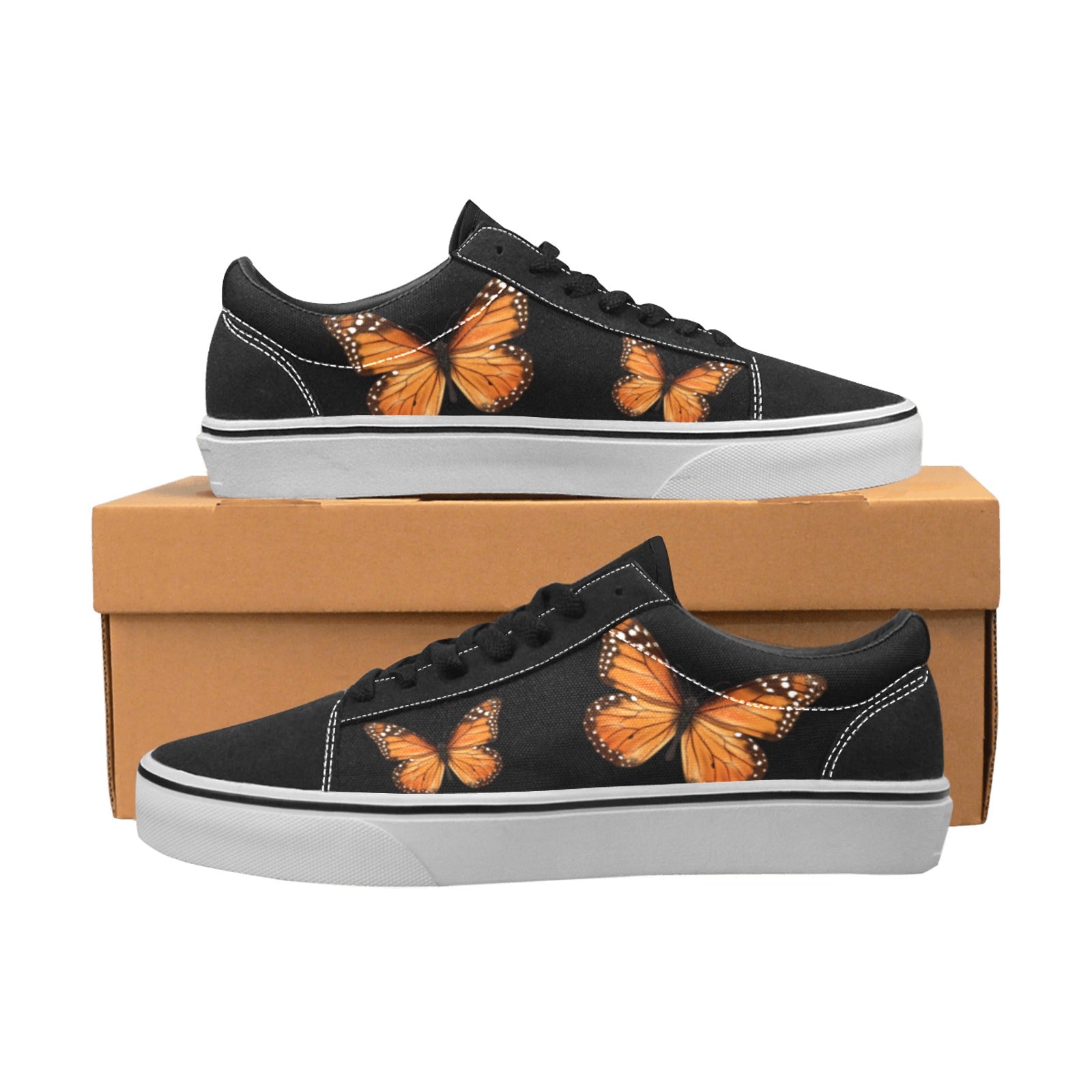 Monarch Butterfly Women Shoes, Black White Vegan Faux Suede Leather Animal Print Lace-Up Canvas Sneakers Starcove Fashion