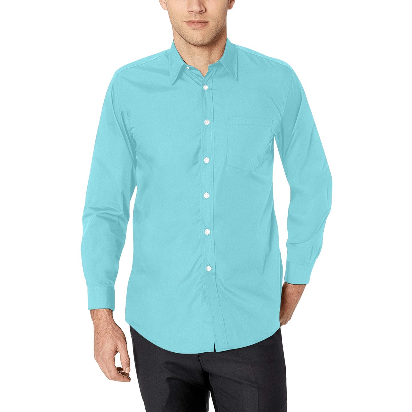 Aqua Blue Long Sleeve Men Button Up Shirt, Solid Print Dress Buttoned Collar Dress Shirt with Chest Pocket Starcove Fashion