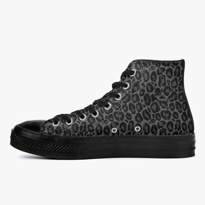 Black Leopard High Top Shoes, Animal Print Lace Up Sneakers Footwear Rave Canvas Streatwear Designer Men Women Shoes