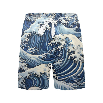 Japanese Waves Men Swim Trunks, Ocean Blue 7" Inseam Shorts Beach Pockets Mesh Lining Drawstring Casual Bathing Suit Plus Size Swimwear