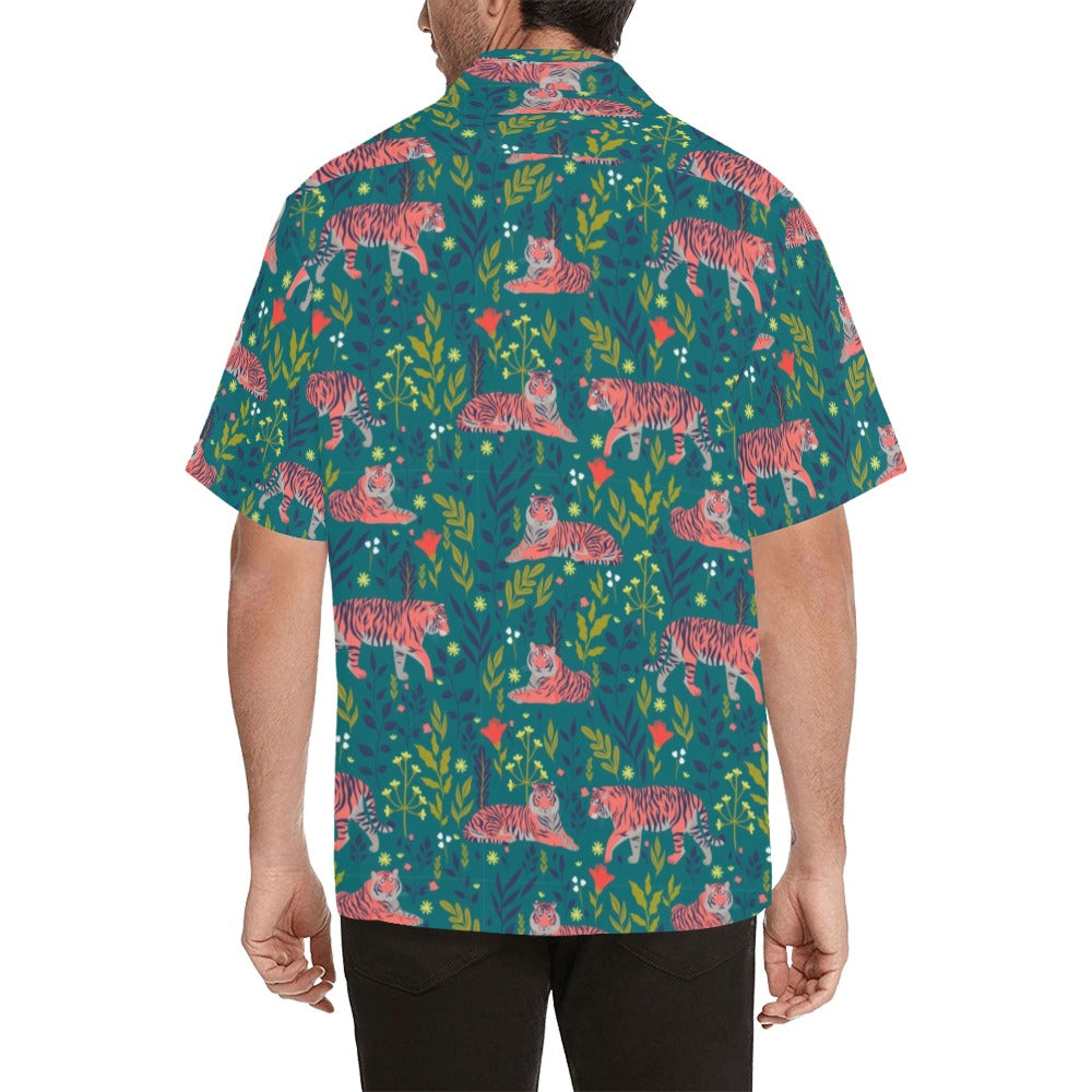 Tropical Tiger Men Hawaiian shirt, Animal Print Green Vintage Retro Summer Leaves Hawaii Aloha Beach Plus Size Cool Leaves Button Down Shirt Starcove Fashion