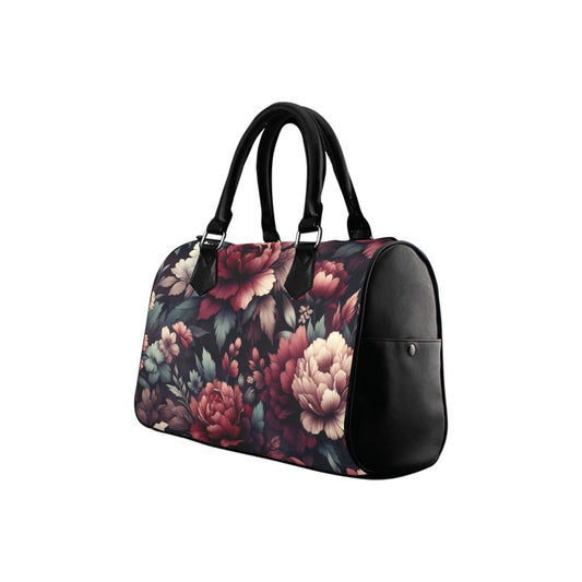 Burgundy Floral Handbag Purse, Cute Maroon Flowers Print Art Top Zipper Canvas Leather Top Handle Barrel Type Women Designer Accessory