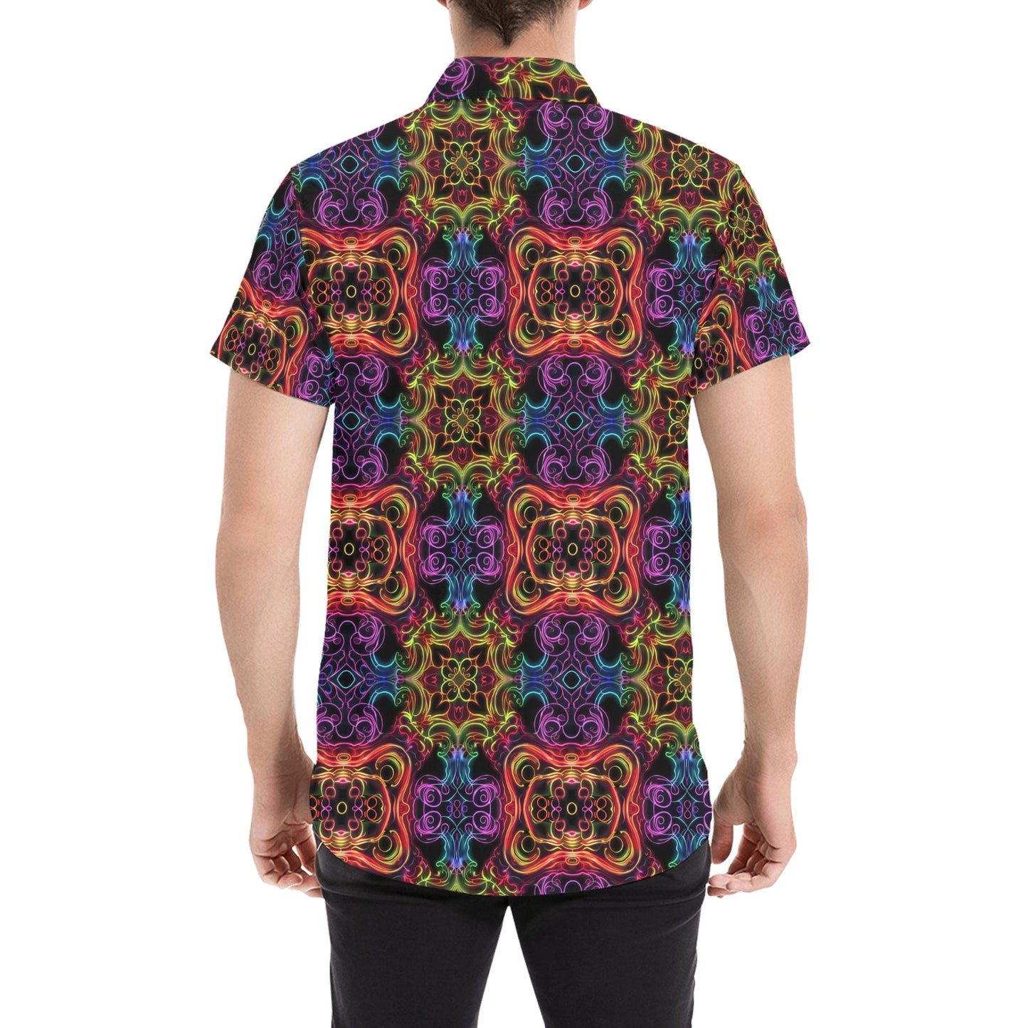 Psychedelic Short Sleeve Men Button Down Shirt, Vintage Trippy Rave Glow Lights Print Casual Buttoned Summer Dress Collared Shirt